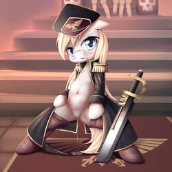 1girls aryanne aryanne_(mlp) astra_militarum commissar cum earth_pony equine female female_only feral front_view hat heresy imperial_guard imperium_of_man mammal my_little_pony pony pussy solo solo_female spread_legs standing sword uniform warhammer_(franchise) warhammer_40k weapon