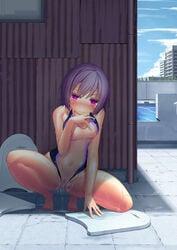 absurdres blue_hair blush competition_swimsuit dobunezumi female highres kickboard looking_at_viewer naughty_face nipples one-piece_swimsuit original pool pussy red_eyes see-through see-through_swimsuit short_hair smile solo spread_legs squatting swimsuit tile_floor tiles wet