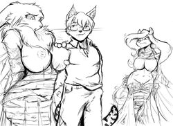 2015 animaniacs anthro areola bandai big_breasts breasts captured crossover digimon erect_nipples feline female grope male mammal minerva_mink mink monochrome multiple_girls multiple_subs mustelid nipples nude pussy renamon what yawg