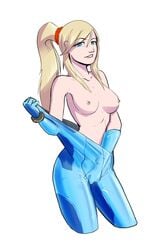 1girls arbuzbudesh blonde_hair blue_eyes bodysuit breasts exposed_breasts female female_only fingering_under_clothes human masturbation metroid nintendo nipples ponytail samus_aran solo tied_hair tight_clothing topless zero_suit zero_suit_samus