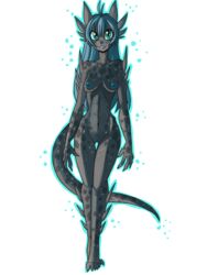 2015 abs anthro black_skin blue_hair blue_nipples blue_pussy breasts claws demon female green_eyes green_sclera grey_skin hair hi_res long_hair looking_at_viewer navel nipples plain_background pussy raptor007 slit_pupils smile solo teeth