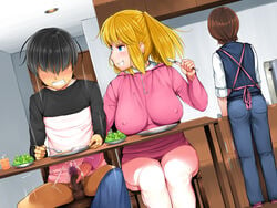 1boy 2girls absurdres apron ass bitch_girl_to_ikkagetsukan_doukyo_seikatsu black_hair blonde_hair blue_eyes blush breasts brown_hair censored clenched_teeth cum door ejaculation embarrassed erect_nipples food handjob highres juice kitchen kozakura_kumaneko large_breasts legs mosaic_censoring multiple_girls naughty_face penis salad short_hair sitting smile spoon spread_legs standing table thighs under_the_table