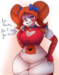 1girls 2018 animatronic baby_(fnafsl) circus_baby circus_baby_(fnaf) colatiel collar dialogue female female_only five_nights_at_freddy's humanoid looking_at_viewer machine pussy robot sexbot_circus_baby sister_location solo standing text thick_thighs video_games wide_hips