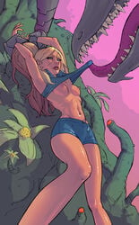 alien alternate_costume arm_grab arms_up blonde_hair blue_eyes breasts casual_outfit_(metroid) clothing female helpless imminent_penetration imminent_rape imminent_sex long_hair long_tongue metroid monster navel nintendo nipples parted_lips pauh plant plant_monster ponytail rape restrained ridley samus_aran shirt_lift short_shorts shorts tail tentacle tied_hair tongue