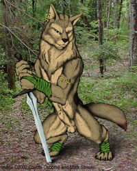 2002 anthro balls biceps black_nose brown_fur canine chest_tuft claws ear_piercing flaccid forest fur green_eyes male male_only mammal moonchild nature outside penis piercing pose sheath solo sword toe_claws tree tuft warrior weapon wolf