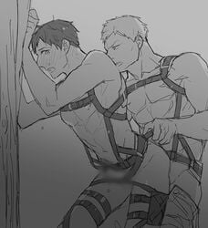 2boys anal attack_on_titan bertolt_hoover black_hair blonde_hair censored gay greyscale male male/male male_only monochrome reiner_braun yaoi