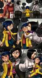 3girls aged_up aroused ass big_ass black_hair blue_hair blush comic coraline coraline_jones female food freckles heart heartbeat holding_hand huge_ass kissing large_ass licking mel_jones milf mother_and_daughter multiple_females other_mother shadman short_hair sweater tight_clothes