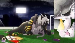 5_fingers 5_toes anthro anthro_on_anthro anthro_penetrated anthro_penetrating anthro_penetrating_anthro arctic_fox balls black_body black_nose black_scales bodily_fluids breasts canid canine cheerleader cheerleader_outfit claws clothing cum cum_in_vagina cum_inside discarded_clothing dragon duo ejaculation exhibitionism feet female female_penetrated finger_claws fingers fox fur genital_fluids genitals gloves_(marking) hair hi_res horn humanoid_feet humanoid_hands jersey jhonhigashi louise_(grimsilverfire) lying male male/female male_penetrating male_penetrating_female mammal markings mrdarknesswolf_(character) mythological_creature mythological_scalie mythology night nipples nude nude_anthro nude_female nude_male on_back outdoor_nudity outside outside_sex penetration penile penile_penetration penis penis_in_vagina plantigrade ponytail public public_nudity public_sex scales scalie sex shirt smile smirk stadium teeth toes topwear true_fox vaginal_penetration vaginal_penetration vulva white_body white_fur white_hair