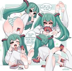 animal_ear_legwear artist_name ass bent_over black_sclera blush blush_stickers bridal_garter card cat_ear_legwear colored_sclera crossed_ankles drooling english_text eyelid_pull feet feet_on_table feet_up female foot_focus foreshortening green_hair grin hair_ornament hatsune_miku holding holding_card long_hair long_sleeves looking_at_viewer lying mesugaki mouth_drool multiple_views no_pants no_shoes on_stomach open_mouth panties patreon_username presenting_foot rezodwel shirt smile soles speech_bubble stirrup_legwear striped_clothes striped_panties teeth thighhighs toeless_legwear toes tongue tongue_out twintails underwear uno_(game) upper_teeth_only very_long_hair vocaloid web_address white_shirt white_thighhighs