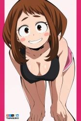 1girls big_breasts breasts brown_eyes brown_hair female female_focus female_only hanging_breasts leaning_forward looking_at_viewer my_hero_academia ochako_uraraka shorts smile solo solo_female solo_focus sweat tank_top thick_thighs thighs tsuranukko watermark