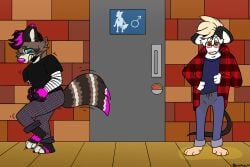 3:2 anthro bathroom bladder_bulge bleachedasian blush bodily_fluids clothed clothed_anthro clothing desperation digital_media_(artwork) duo genital_fluids hi_res male mammal mouse murid murine omorashi pee_on_floor peeing peeing_on_ground peeing_self procyonid raccoon rodent spart_(bleachedasian) urination urine urine_on_ground urine_pool watersports wet wet_clothing wet_floor wetting wetting_self