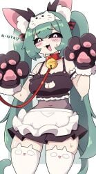 1girls black_sclera blush cat_ears cat_paws cat_pose cat_tail catgirl collar female female_only green_hair heart hi_res j5daigada leash long_hair looking_at_viewer maid_outfit neck_bell pawpads paws pose smiling smiling_at_viewer solo tail thick_thighs thighhighs twintails white_background white_eyes white_thighhighs