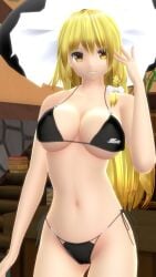 1girls 2023 3d arm_up belly_button bikini black_bikini blonde_hair_female breasts cleavage hand_on_head hat hati_yukkuri_mmd headwear hips human indoors interior_background jpeg light-skinned_female long_hair_female looking_at_viewer marisa_kirisame mmd smiling_at_viewer solo_female solo_focus swimsuit touhou waist witch_hat yellow_eyes