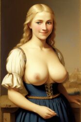 ai_generated blonde_female blonde_hair blue_eyes blue_eyes_female breastless_clothes breastless_clothing casual_nudity dirndl exposed_breasts german_female germanic jsmithy114 large_breasts nonsexual_nudity painting_(artwork) stable_diffusion topless_dress