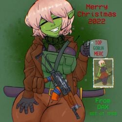 ak_platform big_breasts black_gloves brown_jacket brown_pants carbine_(gun) chest_rig christmas deveneleven ear_piece goblin goblin_female green_skin green_vest microphone mug operator original_character photo pink_hair pointy_ears pouches rose_dax rosededax scarf sheath sling smile sword thick_thighs