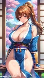 1girls ai_generated big_breasts brown_hair dans_ai dead_or_alive dead_or_alive_5 female japanese_clothes kasumi_(doa) long_hair ponytail