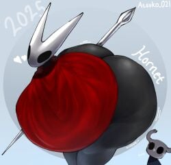 ass ass_bigger_than_head atsuko_021 black_eyes cloak gigantic_ass hollow_knight hornet_(hollow_knight) huge_ass huge_butt jiggling_ass looking_at_another needle red_cloak unrealistic_proportions weapon