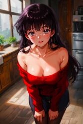 1girls ai_generated anime asian asian_female beautiful beautiful_females breasts casual_clothes cleavage curvy curvy_figure divine_beauty earrings hair_down happy_new_year house inuyasha japanese kikyo_(inuyasha) kitchen leaning_forward new_year off_shoulder off_shoulder_sweater pantyhose perfect_body red_sweater refrigerator room seductive_eyes skirt smiling_at_viewer stable_diffusion sweater toongenai wood wooden_floor young_woman