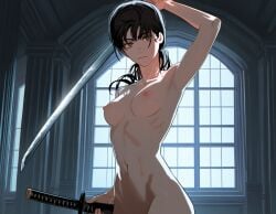 ai_generated black_hair chainsaw_man katana mitaka_asa naked naked_female small_breasts sword