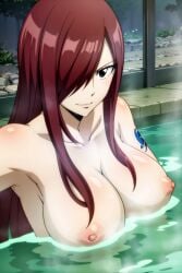 ai_generated armpits big_breasts curvy_female cute erza_scarlet fairy_tail hot_spring long_hair naked nipples nude public_nudity red_hair stripped_naked tattoo