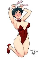 2d armpit_hair armpits black_hair bunny_ears bunnysuit busty capcom cleavage embarrassed female female_focus female_only hourglass_figure makoto_(street_fighter) pubes pubic_hair pubic_hair_peek scared_expression short_hair street_fighter tagme tukudani wide_hips