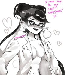 1girls alternate_costume artist_name blush breasts callie_(splatoon) english_text female inkling inkling_girl lab_coat lab_coat_only long_hair looking_at_viewer navel nintendo nipples norishiitsu open_clothes open_lab_coat open_labcoat open_mouth pen pointy_ears splatoon tentacle_hair