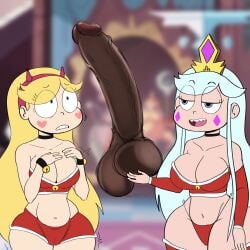 1boy 2girls ass big_penis blonde_hair blue_hair breasts christmas christmas_outfit cock_worship dark-skinned_male disney female moon_butterfly mother_and_daughter multiple_girls star_butterfly star_vs_the_forces_of_evil tagme thedomely