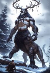 2024 2boys abs ai_generated anthro antlers avaru black_nipples black_nose braid braided_hair claws clothing forest fur giant grey_body grey_fur horns humanoid hybrid hybrid_race landscape male male_focus male_only mammal multicolored_body multicolored_fur muscular muscular_male nature nature_background navel nipples paws primal_wilds sagging_balls size_difference snout striped_body striped_fur stripes tagme taur testicles tribal tribal_clothing tuft tufted_fur winter