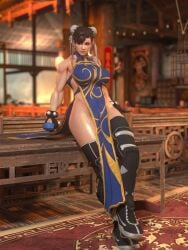 3d alternate_costume biceps black_thighhighs boots bracelet breasts brown_eyes brown_hair bun_cover carpet china_dress chinese_clothes chun-li clothing double_bun dress earrings female footwear gloves gold_trim hair_bun jewelry large_breasts legwear lips looking_at_viewer makeup muscular_female no_bra nose official_alternate_costume over-kneehighs pelvic_curtain platform_footwear reflective_floor shoes short_hair sitting sleeveless sneakers solo spiked_bracelet spikes standing street_fighter studded_bracelet thick_thighs thigh_boots thighhighs thighs tied_hair wooden_floor zeroreyko