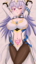 1girls arms_above_head arms_up belly belly_button blue_eyes blue_hair breasts clothed color crossed_legs crown demon_tattoo digital_media_(artwork) galaxy_gals headmistress_jeanne heart heart-shaped_pupils huge_breasts japanese_text large_breasts light_skin long_hair looking_at_viewer mind_control nyanko_daisensou on_bed seductive submissive teenager the_battle_cats thick_thighs thighs tight_clothing tights white_sheets wink zki