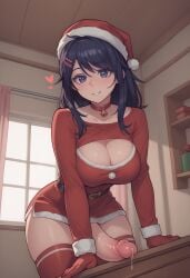 1futa ai_generated altra_x belt bent_over big_breasts big_penis blue_eyes blue_hair choker cleavage cleavage_cutout futanari hairclip heart low-angle_view miniskirt miside mita_(miside) penis precum santa_costume santa_hat skirt skirt_lift smile stockings testicles veiny_penis wide_hips