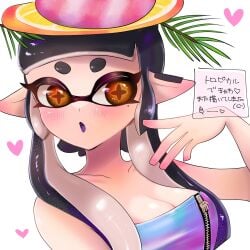 1girls alternate_costume blush breasts brown_eyes callie_(splatoon) callie_(summer_nights) cleavage hair hair_ornament heart inkling inkling_girl large_breasts long_hair mole mole_under_eye nintendo official_alternate_costume open_mouth pointy_ears simple_background solo splatfest splatoon splatoon_3 summer_nights_splatfest tentacle_hair two_tone_hair ura_mya_pain white_background