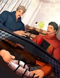 2boys barefoot beard_stubble big_dildo black_hair blonde_hair blue_eyes blurry_background blush brand_name_imitation censor_bar censored censored_dildo clothing crossed_legs curled_toes curtains dildo double_dildo feet game_controller gay grey_dildo hi_res holding_object hoodie huge_dildo indoors kotatsu long_dildo looking_down male male_only mature_male meisho_hanten nintendo_switch open_mouth original original_character plaid pointless_censoring poster red_eyes see-through sex_toy short_hair silver_dildo sitting soles sweat sweatdrop sweater table thick_dildo thick_eyebrows toes v-shaped_eyebrows very_high_resolution yaoi