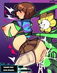 1boy 1girls big_ass big_breasts big_penis brown_hair closed_eyes clothing cum_in_pussy english_text eosftwit exposed_breasts flowey_the_flower frisk inflation nipples open_mouth rape sex text undertale vines