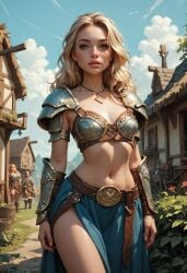 ai_generated armor blonde_hair female female_only fur helpful_science light-skinned_female necklace nordic partially_clothed realistic scandinavian small_breasts solo viking viking_female village