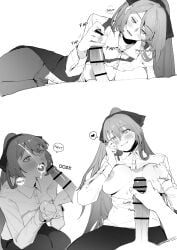 1boy bar_censor breasts censored collared_shirt commentary cum cum_in_mouth cum_on_body cum_on_hair dress_shirt english_commentary english_text facial female girls'_frontline greyscale handjob highres huqu korean_commentary large_breasts long_hair mixed-language_commentary monochrome multiple_views nipples pants penis ponytail pov pov_crotch shirt speech_bubble springfield_(girls'_frontline) straight torn_clothes torn_shirt