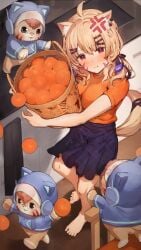 :t ahoge anger_vein animal_ears animal_hood apple bangs barefoot blonde_hair blue_shirt blush blush_stickers breasts brown_hair cat_ears closed_mouth female food food_on_head from_above fruit hair_ornament hairclip hat hood hoodie kotatsu long_hair looking_at_viewer mandarin_orange multiple_girls object_on_head orange pleated_skirt pout pumpkin red_eyes sitting skirt squchan_(vtuber) table tomato twintails v-shaped_eyebrows virtual_youtuber vyugen x_hair_ornament