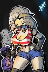 animatronics belly big_breasts cap cleavage collar crop_top dog_collar english_text jean_shorts lighter long_hair puffy_hair rose_dax rosededax security_guard self_insert sha_(the_walten_files) sheep_girl short_shorts the_walten_files