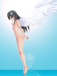 1girls angel barefoot black_hair breasts completely_nude female female_only flower hair_flower hair_ornament long_hair maruze_circus navel nipples nude saten_ruiko sky solo solo_female sun to_aru_kagaku_no_railgun to_aru_majutsu_no_index water