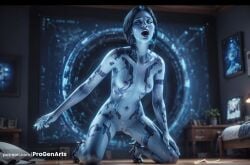 , 1girls ai_generated artist_name bed blue_skin blurry breasts colored_skin cortana halo_(game) halo_(series) hi_res high_heels hologram indoors kneeling medium_breasts microsoft navel nipples nude open_mouth progenarts pussy science_fiction short_hair small_breasts solo