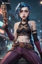 1girls ai_generated arcane arm_tattoo artist_name bare_shoulders belt blue_eyes blue_hair braid breasts crop_top fingerless_gloves gloves gun hi_res holding holding_gun holding_weapon jinx_(league_of_legends) league_of_legends long_hair looking_at_viewer midriff nail_polish navel netflix night outdoors pants r34arts riot_games sitting small_breasts solo spread_legs stomach stomach_tattoo striped_clothes striped_pants tattoo twin_braids weapon