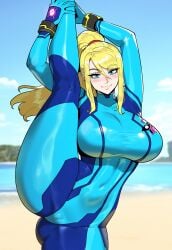 ai_generated big_breasts bimbo blonde_hair blue_eyes breasts curvy female huge_breasts indoors interracial juuicyai large_breasts light-skinned_female light_skin massive_breasts metroid narrow_waist samus_aran thick_thighs wide_hips