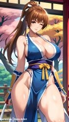 1girls ai_generated big_breasts brown_hair dans_ai dead_or_alive dead_or_alive_5 female japanese_clothes kasumi_(doa) long_hair pelvic_curtain ponytail