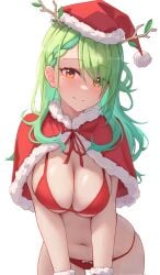 1girls :) antlers belly bent_over big_breasts bikini bikini_bottom bikini_top blush bra breasts breasts_between_arms capelet ceres_fauna christmas christmas_cape christmas_clothing christmas_hat christmas_outfit cleavage cuffs cute ear female female_only fluffy_cuffs green_hair hair_over_one_eye head_tilt highres hips hololive hololive_english hololive_english_-council- hololive_english_-promise- leaning_forward light-skinned_female light_skin long_hair looking_at_viewer messy_hair mole mole_under_eye navel orange_eyes panties red_bikini red_bikini_bottom red_bikini_top red_bra red_panties shironekokfp smile smiling smiling_at_viewer solo standing stomach white_background wide_hips