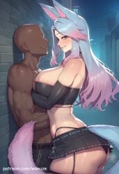 ai_generated alley animal_ears animal_tail bald big_ass big_breasts big_butt big_thighs blue_eyes blush dark-skinned_male dark_skin faceless_male groping hug huge_ass huge_breasts huge_butt huge_thighs miniskirt multicolored_hair muscular muscular_male night silvervale tubetop virtual_youtuber wanuze wide_hips