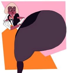 1girls 4_eyes ass ass_bigger_than_head ass_focus big_ass blonde_hair bubble_butt cartoon_network clothed clothing fat_ass female female_only fully_clothed fusion gem_(species) gem_fusion glasses huge_ass hyper_ass large_ass looking_at_butt looking_back red_skin sardonyx_(steven_universe) shocked shocked_expression solo steven_universe