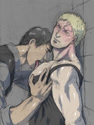 2boys attack_on_titan bara bertolt_hoover black_hair blonde_hair licking male male_nipples male_only multiple_males muscles reiner_braun yaoi