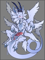 8_wings alternate_color anus balls bandai barbs blue_fur blush claws digimon digimon_(species) dragon feral fur furred_dragon grey_background holydramon horn knot looking_at_viewer male male_only misericorde penis plain_background precum presenting solo spreading tail tail_tuft tuft wings yellow_eyes