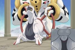 2024 3:2 7_eyes arceus balls biped black_body black_stripes bodily_fluids close-up cutaway digital_media_(artwork) duo erection female female_penetrated feral from_behind_position generation_4_pokemon genital_fluids genitals hi_res humanoid kneeling legendary_pokemon male male/female male_penetrating multi_eye nintendo outside penetration penile penile_penetration penis pokegontc pokemon pokemon_(species) pussy quadruped red_eyes regigigas sex stripes tail vaginal_penetration vaginal_penetration white_body yellow_body