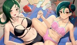 2girls bikini birdcallsparrow blush female female_only green_hair imminent_tribadism kotori_mizuki lesbian lesbian_sex looking_at_viewer melon milf mother_and_daughter mrs._mizuki_(yu-gi-oh!_zexal) multiple_girls open_mouth pussy_lips pussy_visible_through_clothes scissoring spread_legs thick_thighs thong_bikini tori_meadows watermelon yu-gi-oh! yu-gi-oh!_zexal yuri